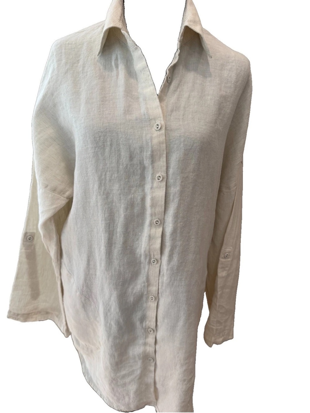 Chico’s ladies size 2 / US 12-14 100% linen button up tunic roll tab sleeve